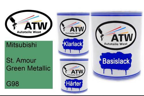 Mitsubishi, St. Amour Green Metallic, G98: 1L Lackdose + 1L Klarlack + 500ml Härter - Set, von ATW Autoteile West.